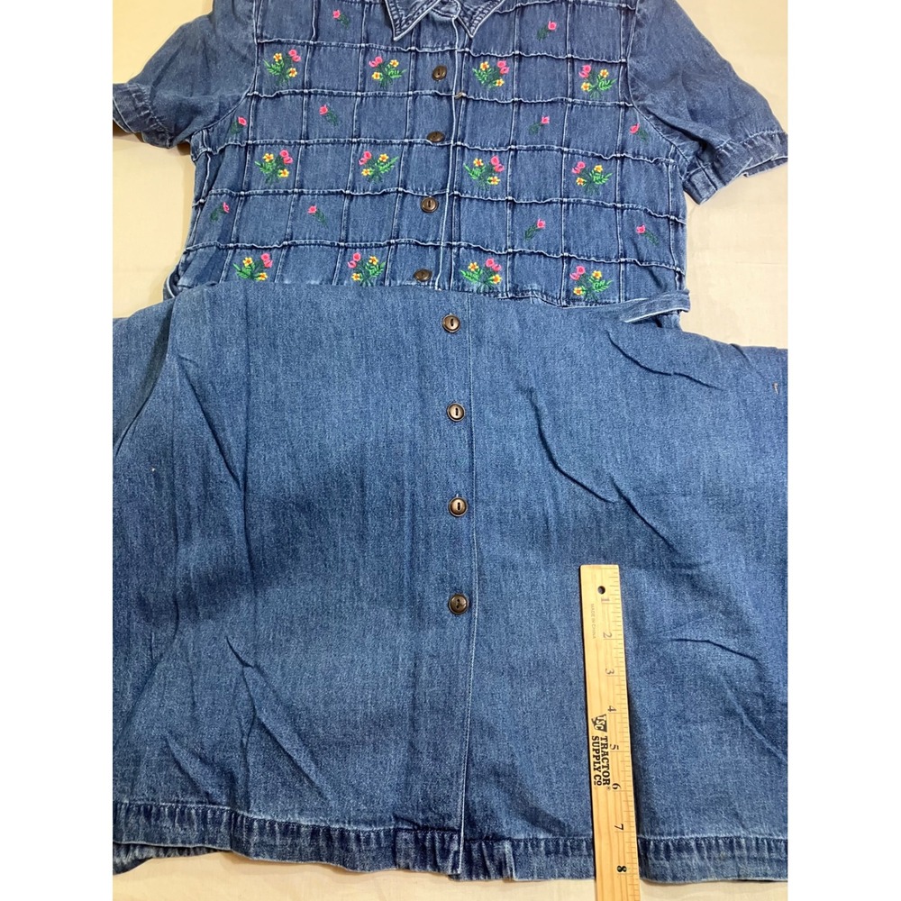 Karin Stevens Vintage 90s Denim Floral Embroidered Midi Dress Blue 6P Cotton - Picture 4 of 12